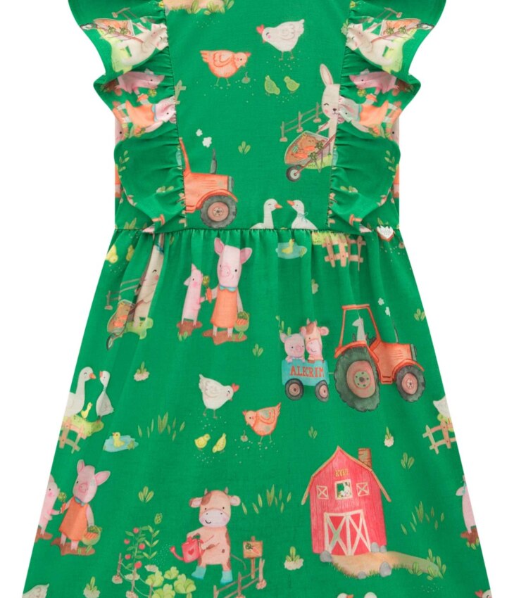 fernandaramoskids com br Vestido Infantil Feminino Estampa de Bichinhos Fundo Verde 2