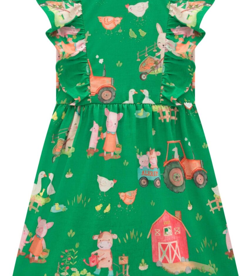 fernandaramoskids com br Vestido Infantil Feminino Estampa de Bichinhos Fundo Verde 2