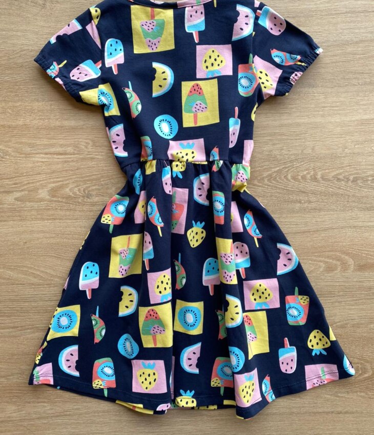 fernandaramoskids com br Vestido Infantil Feminino Estampa de Frutas e Sorvetes Azul Marinho 1