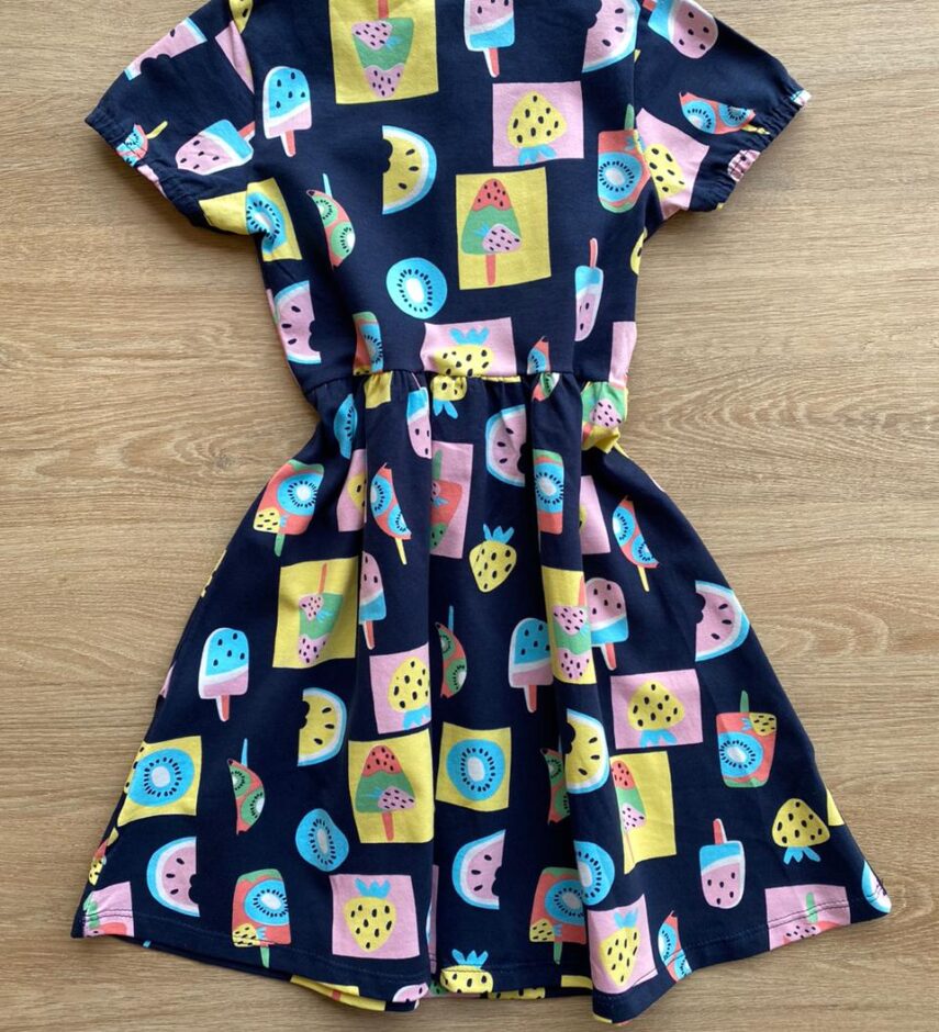 fernandaramoskids com br Vestido Infantil Feminino Estampa de Frutas e Sorvetes Azul Marinho 1