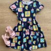 Vestido Infantil Feminino Estampa de Frutas e Sorvetes Azul Marinho Fernanda Ramos Kids