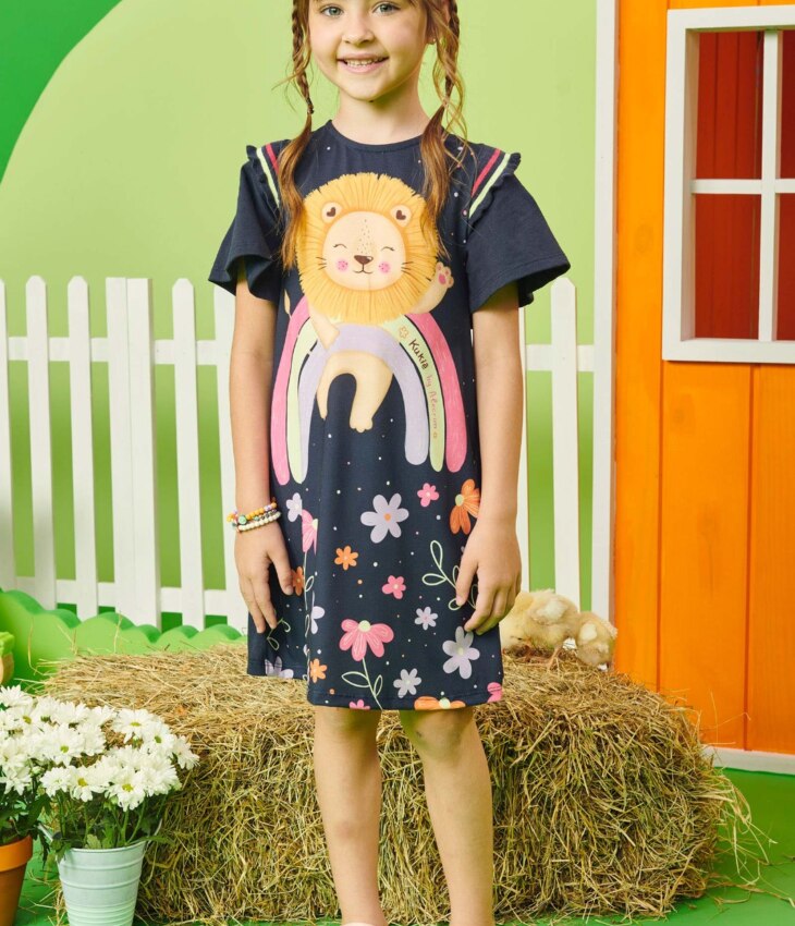 fernandaramoskids com br Vestido Infantil Feminino Estampa de Leão Azul Marinho 1