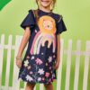 Vestido Infantil Feminino Estampa de Leão Azul Marinho Fernanda Ramos Kids