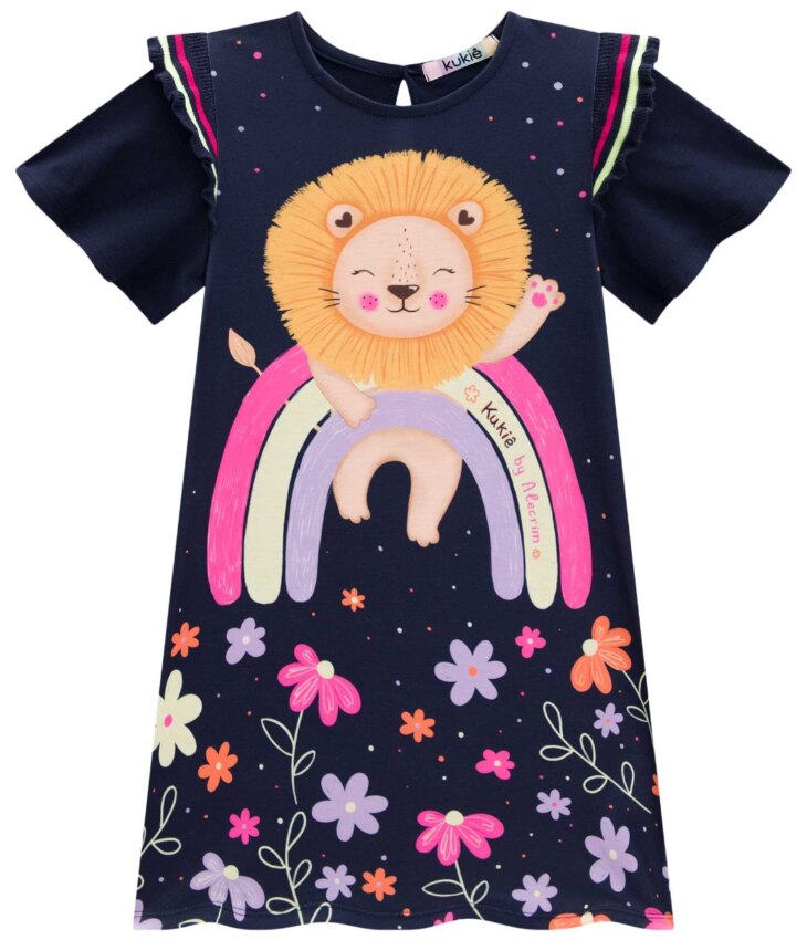 fernandaramoskids com br Vestido Infantil Feminino Estampa de Leão Azul Marinho 2