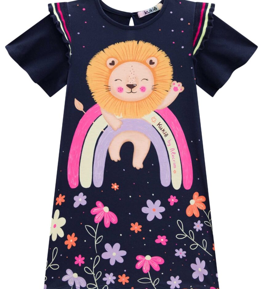 fernandaramoskids com br Vestido Infantil Feminino Estampa de Leão Azul Marinho 2