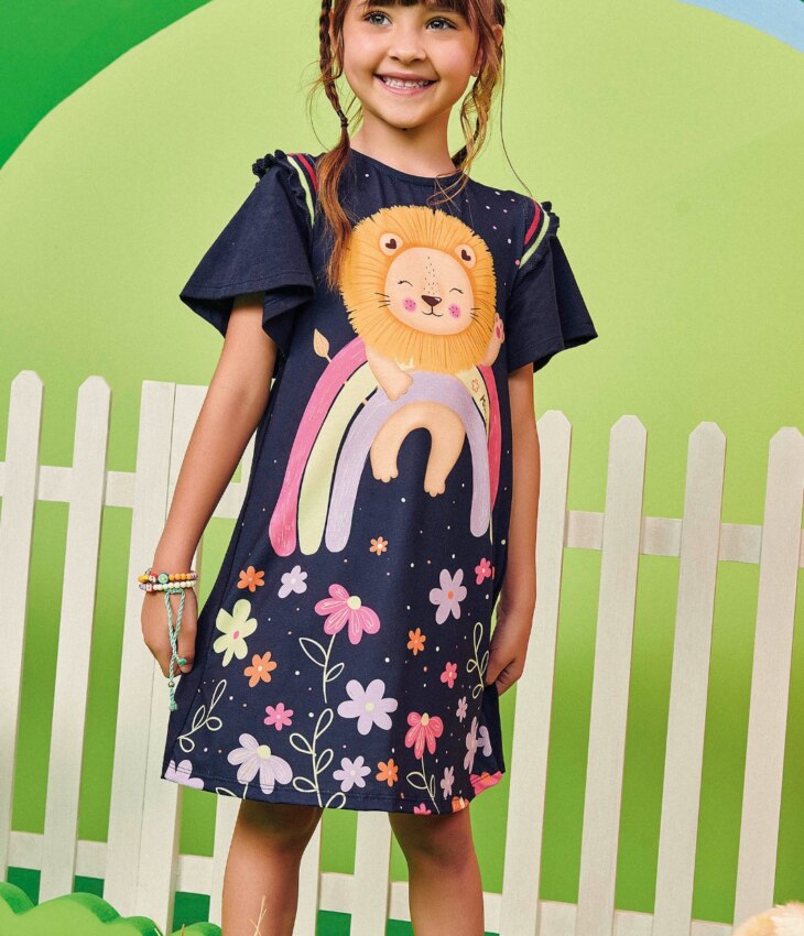 Vestido Infantil Feminino Estampa de Leão Azul Marinho Fernanda Ramos Kids