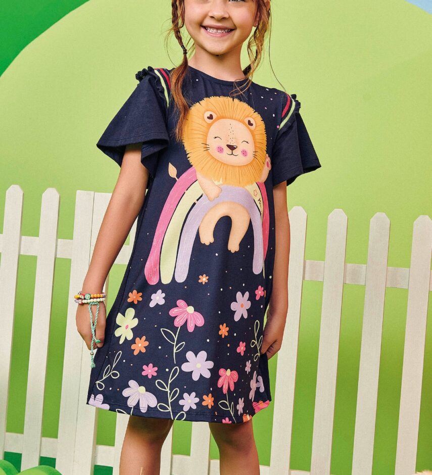 Vestido Infantil Feminino Estampa de Leão Azul Marinho Fernanda Ramos Kids