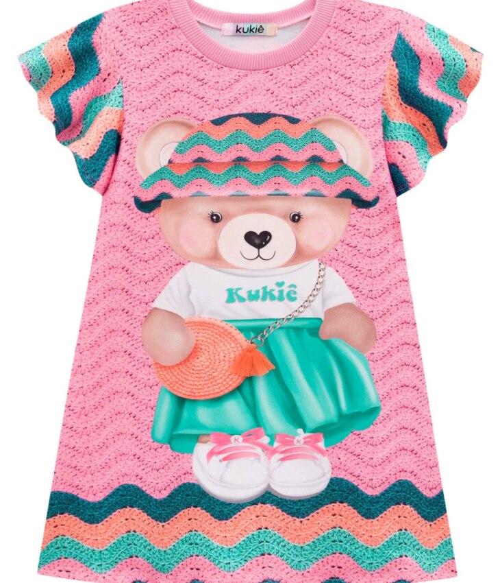 fernandaramoskids com br Vestido Infantil Feminino Estampa de Urso com Detalhe Rosa 2