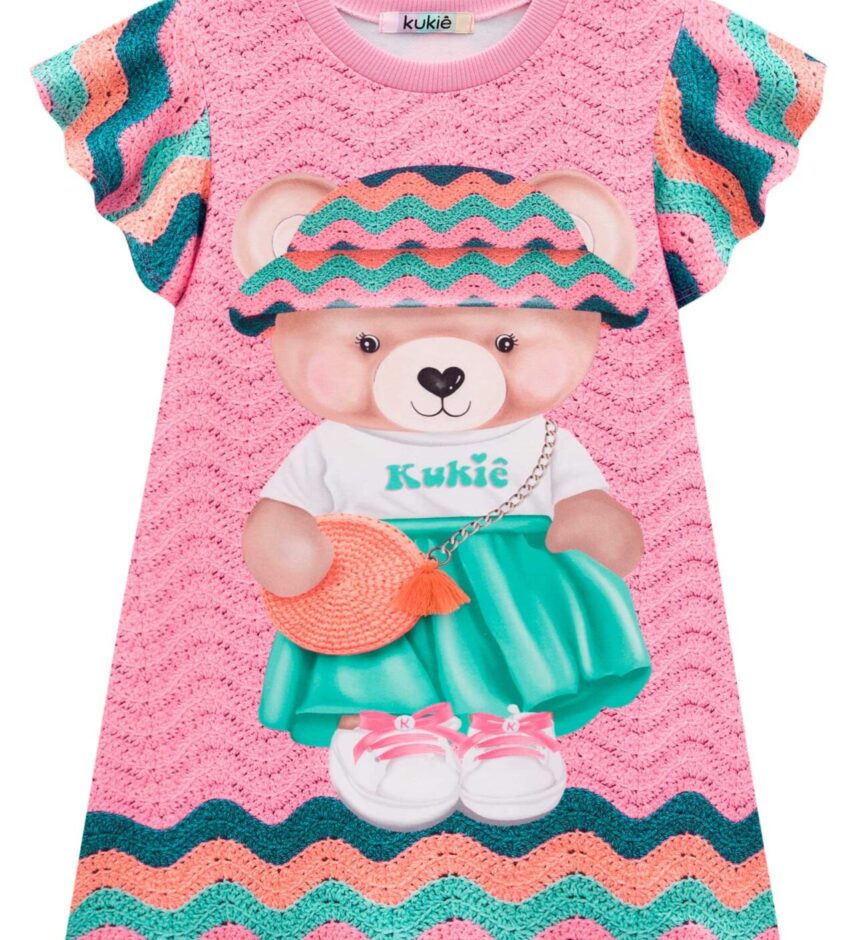 fernandaramoskids com br Vestido Infantil Feminino Estampa de Urso com Detalhe Rosa 2