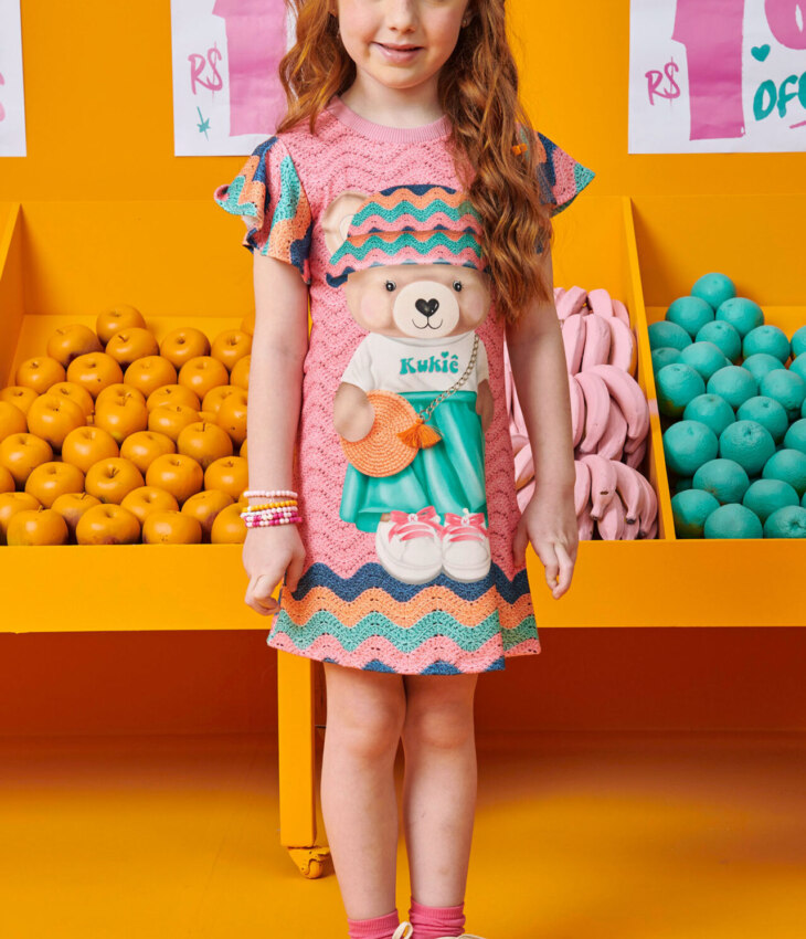 Vestido Infantil Feminino Estampa de Urso com Detalhe Rosa Fernanda ramos kids