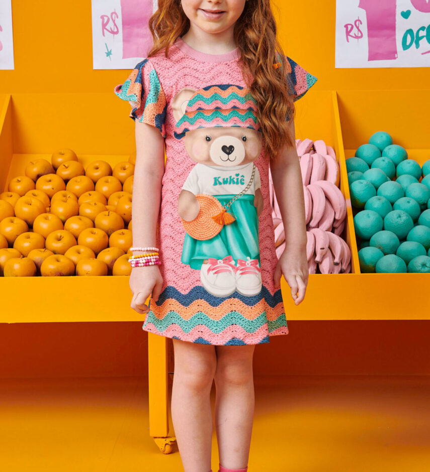 Vestido Infantil Feminino Estampa de Urso com Detalhe Rosa Fernanda ramos kids