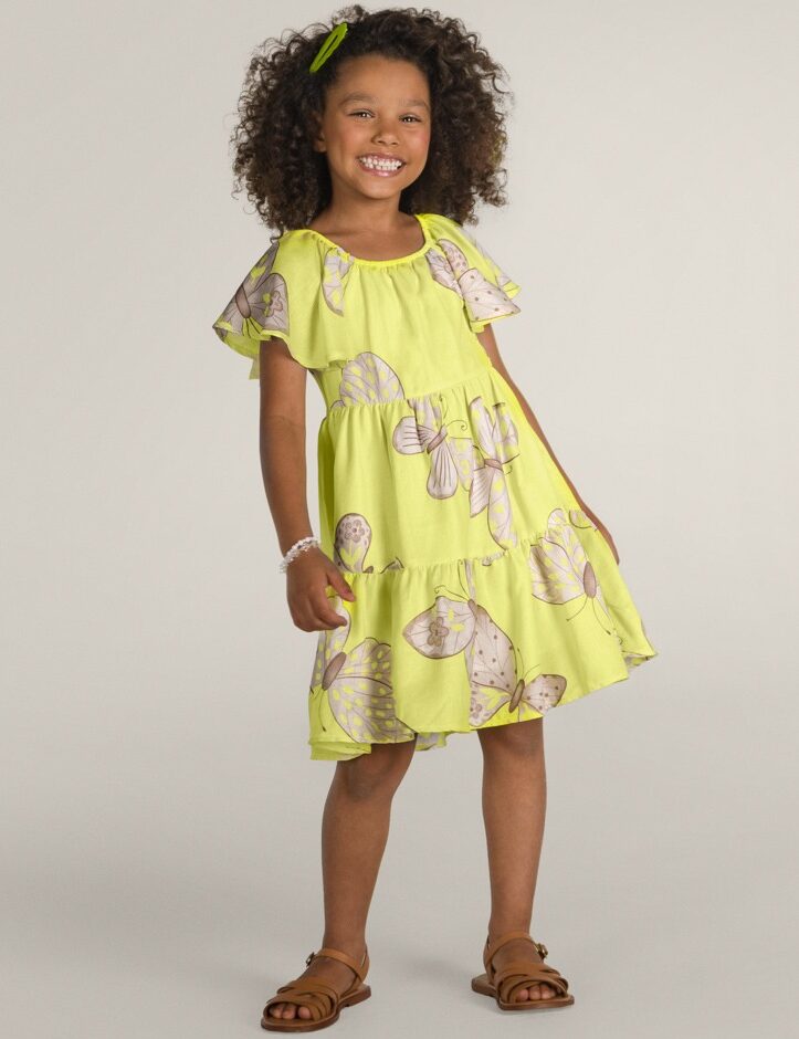 Vestido Infantil Feminino Estampado Fundo Amarelo Fernanda Ramos Kids