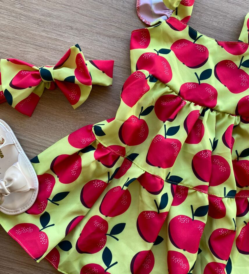 fernandaramoskids com br Vestido Infantil Feminino Estampado Verde com Faixa de Cabelo 1