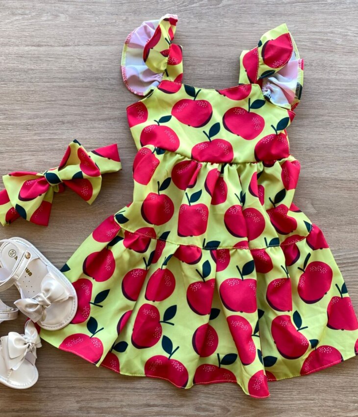 Vestido Infantil Feminino Estampado Verde com Faixa de Cabelo Fernanda Ramos Kids