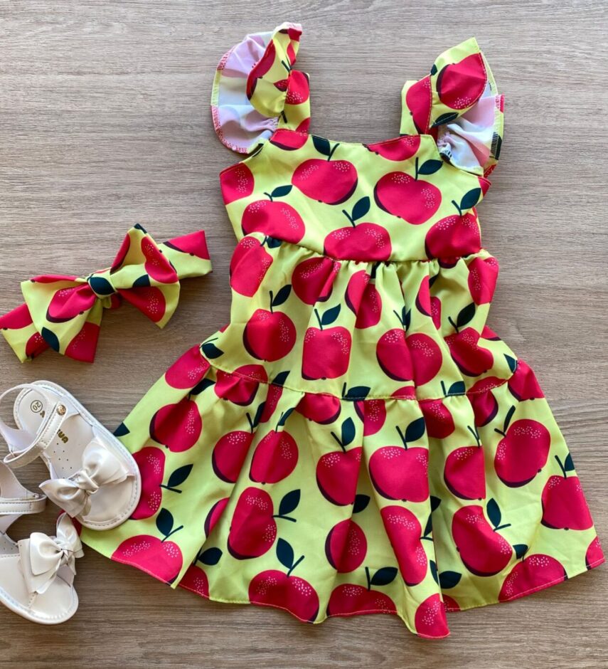 Vestido Infantil Feminino Estampado Verde com Faixa de Cabelo Fernanda Ramos Kids