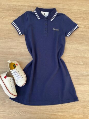 Vestido Infantil Feminino Gola Polo Malha Piquet Azul Marinho Fernanda Ramos Kids