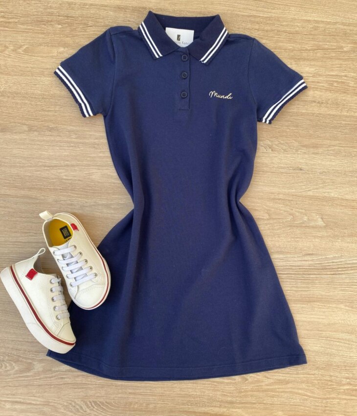 Vestido Infantil Feminino Gola Polo Malha Piquet Azul Marinho Fernanda Ramos Kids