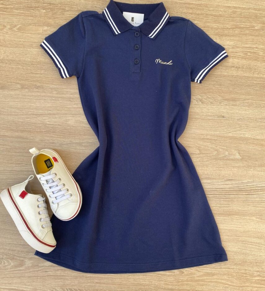 Vestido Infantil Feminino Gola Polo Malha Piquet Azul Marinho Fernanda Ramos Kids