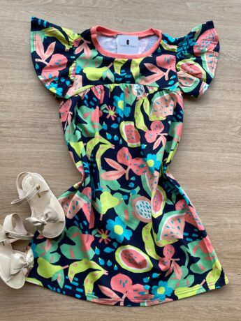 Vestido Infantil Feminino Linha A Estampado Fundo Azul Marinho Fernanda Ramos Kids