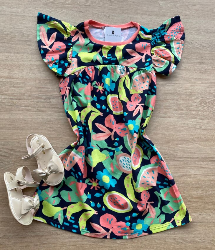 Vestido Infantil Feminino Linha A Estampado Fundo Azul Marinho Fernanda Ramos Kids