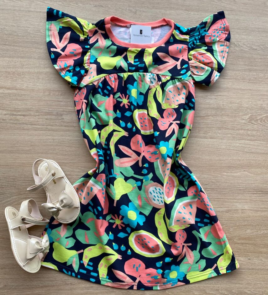 Vestido Infantil Feminino Linha A Estampado Fundo Azul Marinho Fernanda Ramos Kids