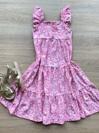 Vestido Infantil Feminino Manga com Babado Floral Rosa Fernanda Ramos Kids