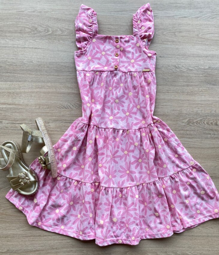 Vestido Infantil Feminino Manga com Babado Floral Rosa Fernanda Ramos Kids