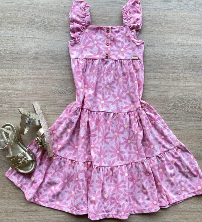 Vestido Infantil Feminino Manga com Babado Floral Rosa Fernanda Ramos Kids