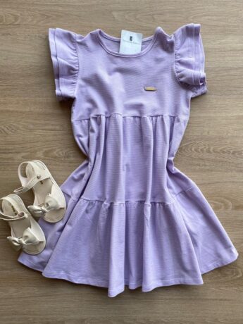 Vestido Infantil Feminino Manga com Babados Lilás Fernanda Ramos Kids