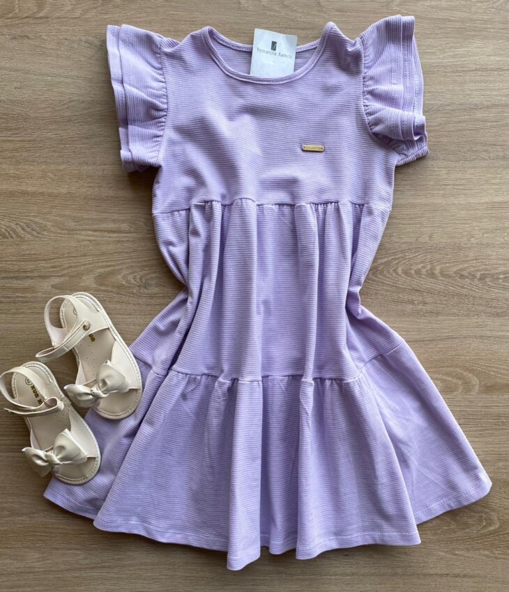 Vestido Infantil Feminino Manga com Babados Lilás Fernanda Ramos Kids