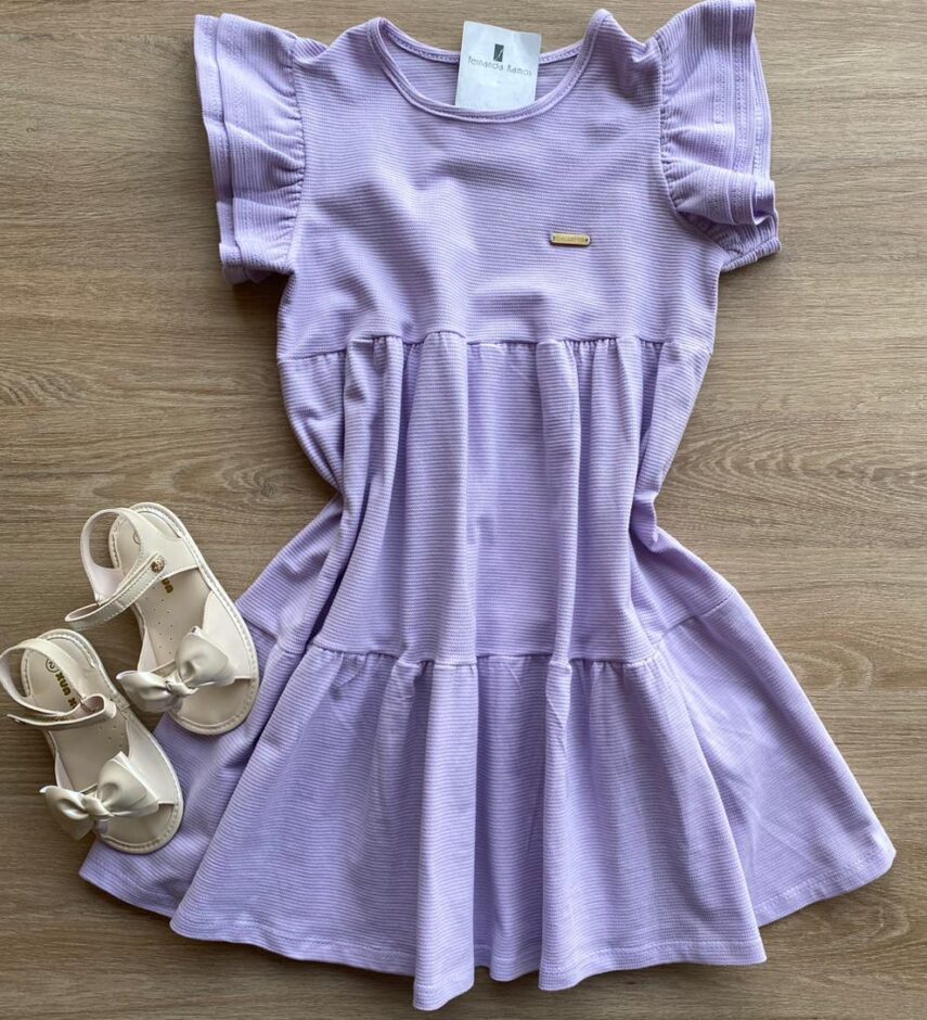Vestido Infantil Feminino Manga com Babados Lilás Fernanda Ramos Kids