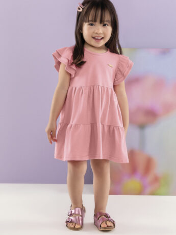 Vestido Infantil Feminino Manga com Babados Rosa Fernanda ramos kids