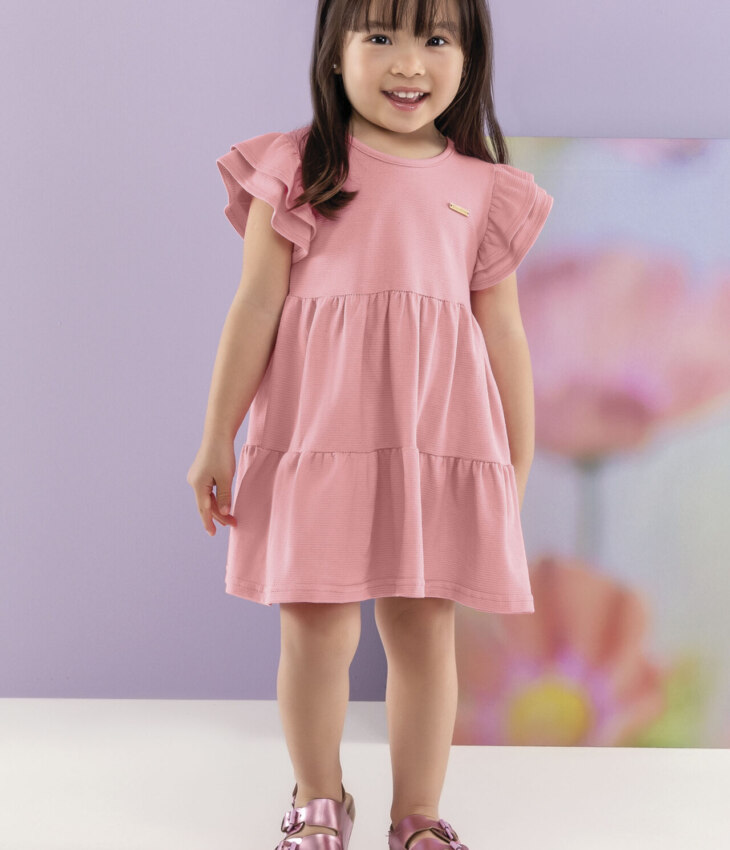 Vestido Infantil Feminino Manga com Babados Rosa Fernanda ramos kids
