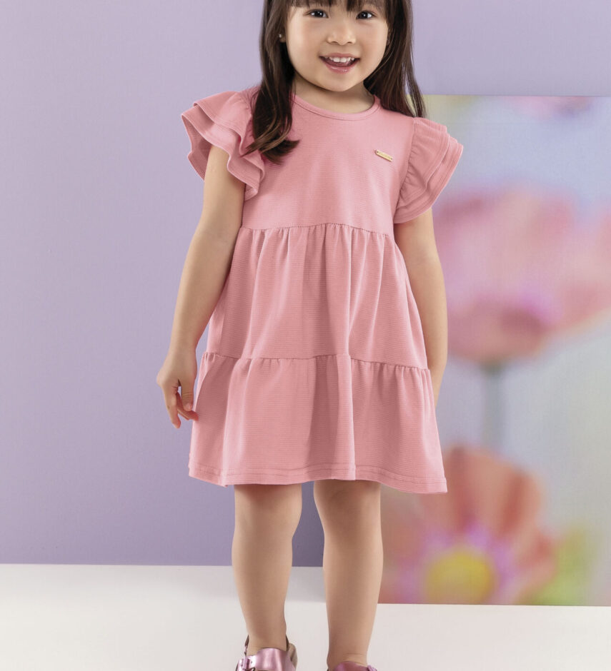 Vestido Infantil Feminino Manga com Babados Rosa Fernanda ramos kids