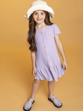 Vestido Infantil Feminino Manga Curta com Botões Falsos Lilás Fernanda ramos kids