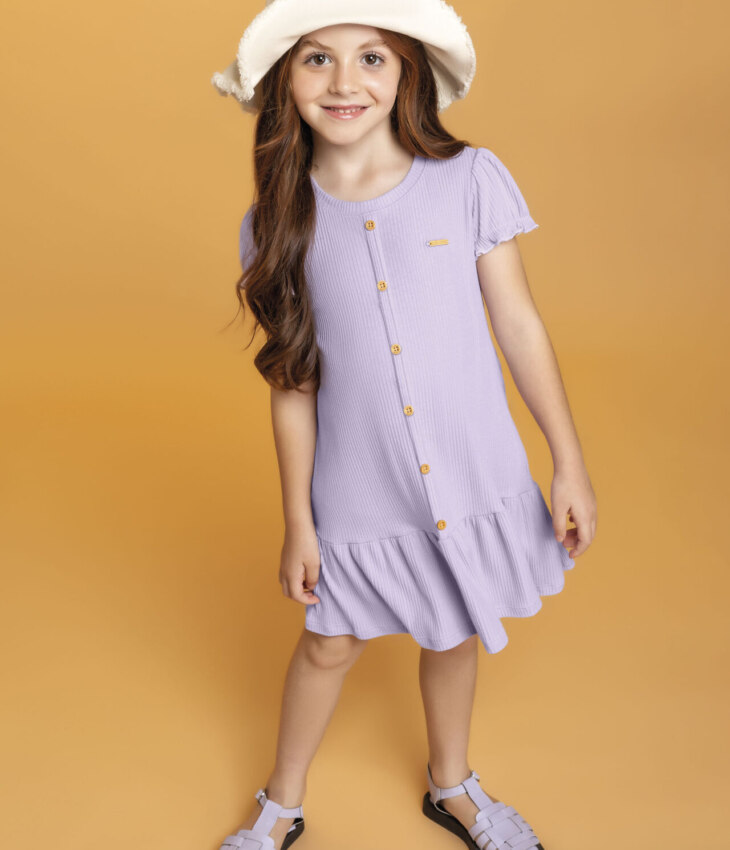 Vestido Infantil Feminino Manga Curta com Botões Falsos Lilás Fernanda ramos kids