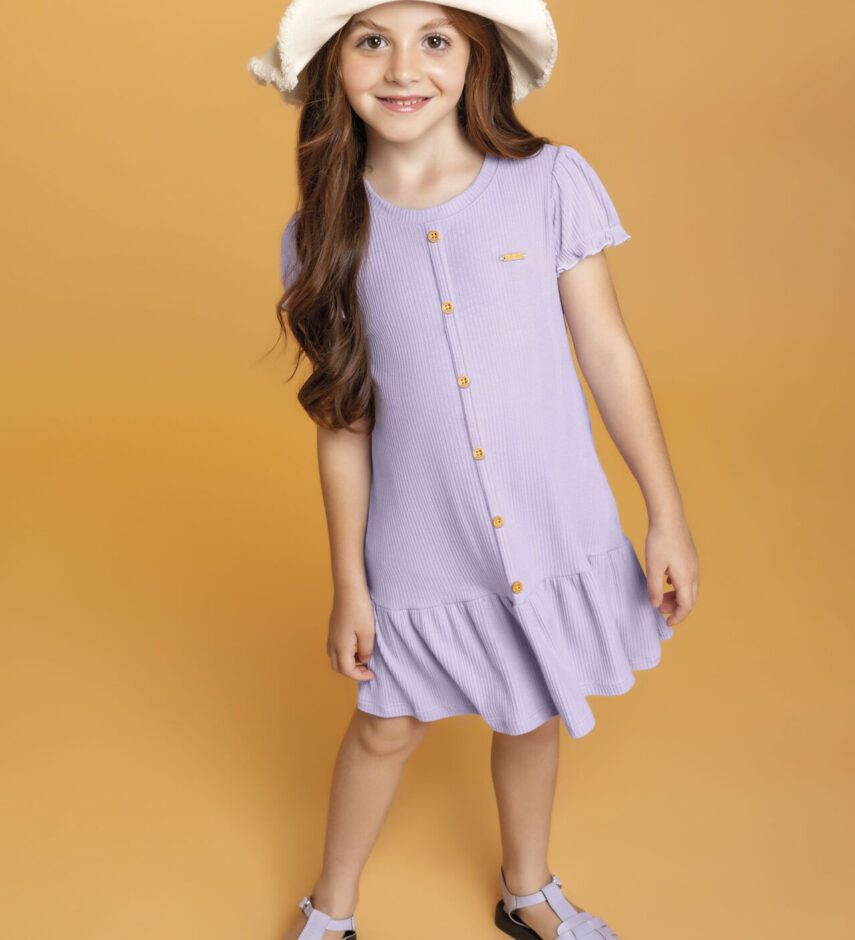 Vestido Infantil Feminino Manga Curta com Botões Falsos Lilás Fernanda ramos kids
