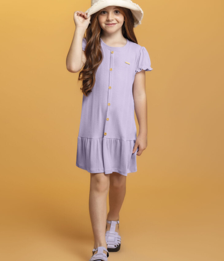 fernandaramoskids com br Vestido Infantil Feminino Manga Curta com Botões Falsos Lilás 1