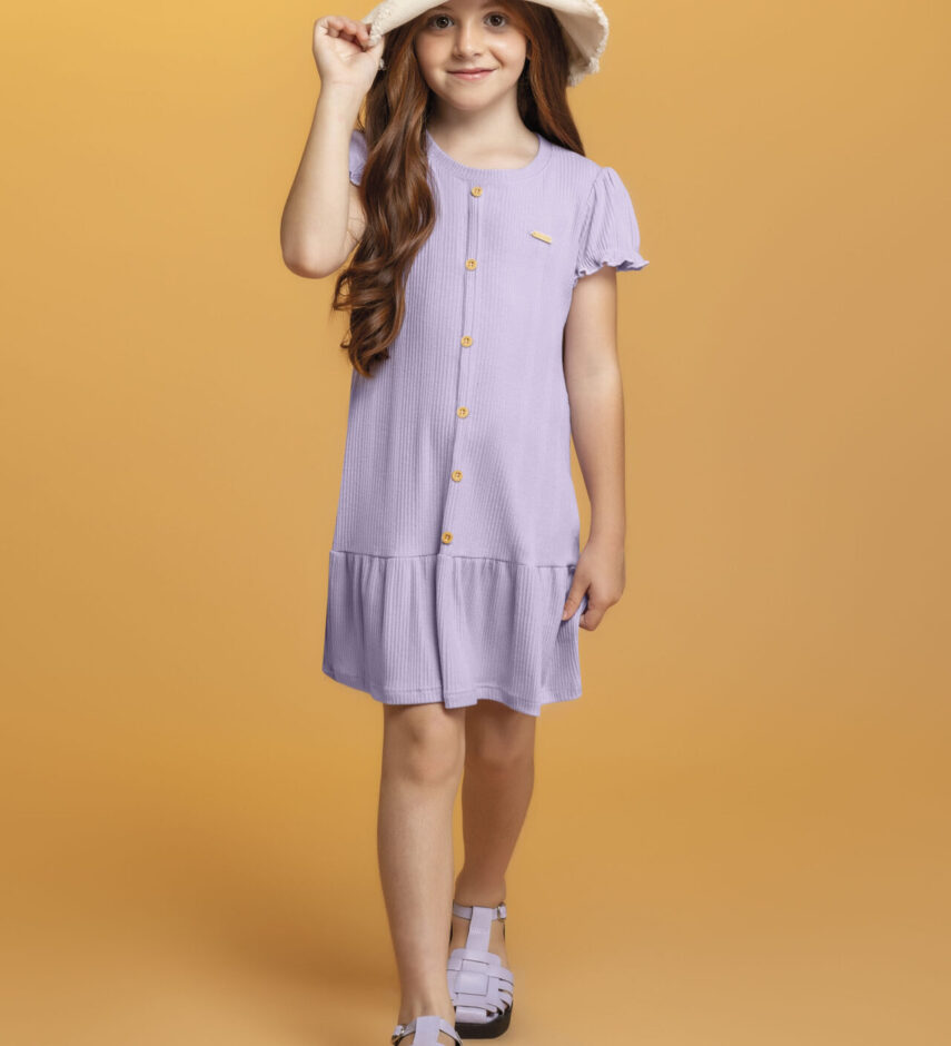 fernandaramoskids com br Vestido Infantil Feminino Manga Curta com Botões Falsos Lilás 1