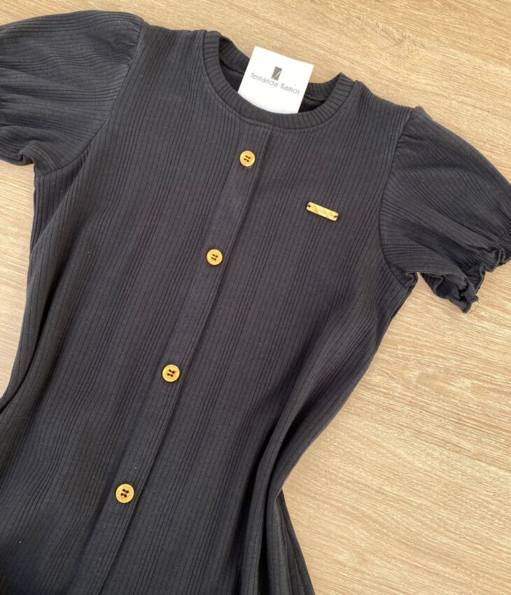fernandaramoskids com br Vestido Infantil Feminino Manga Curta com Botões Falsos Preto 1