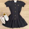 Vestido Infantil Feminino Manga Curta com Botões Falsos Preto Fernanda Ramos Kids