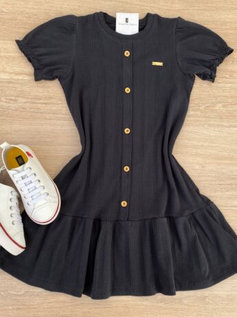 Vestido Infantil Feminino Manga Curta com Botões Falsos Preto Fernanda Ramos Kids