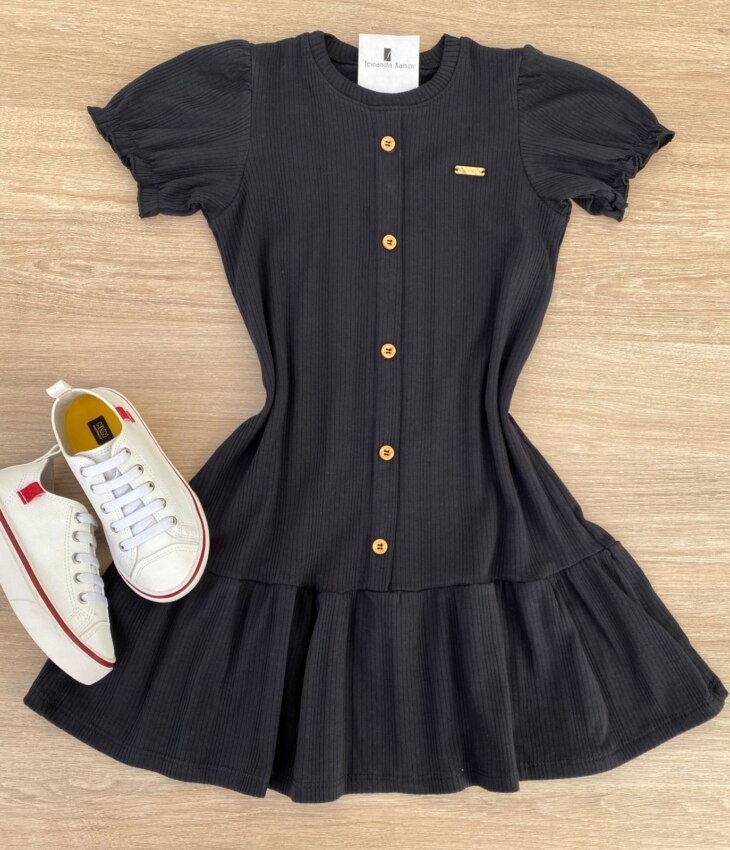 Vestido Infantil Feminino Manga Curta com Botões Falsos Preto Fernanda Ramos Kids