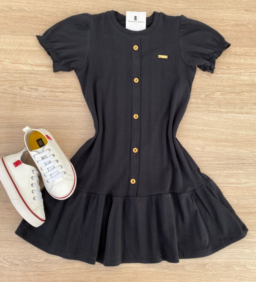 Vestido Infantil Feminino Manga Curta com Botões Falsos Preto Fernanda Ramos Kids