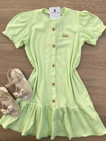 Vestido Infantil Feminino Manga Curta com Botões Falsos Verde Fernanda Ramos Kids