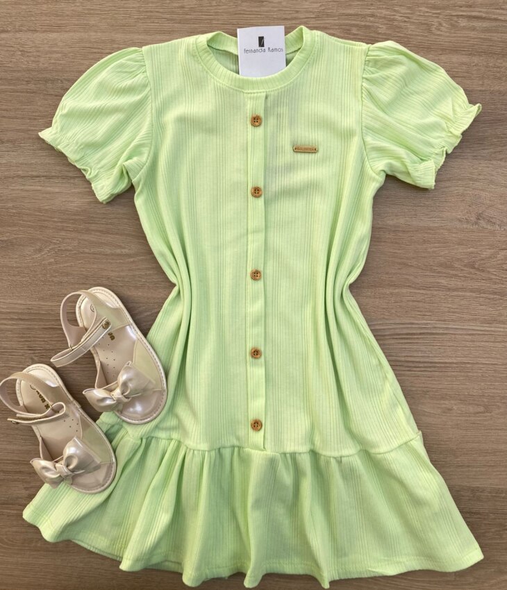 Vestido Infantil Feminino Manga Curta com Botões Falsos Verde Fernanda Ramos Kids