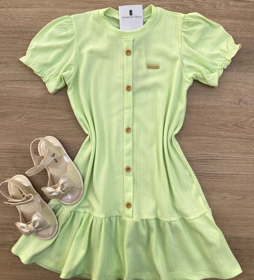 Vestido Infantil Feminino Manga Curta com Botões Falsos Verde Fernanda Ramos Kids
