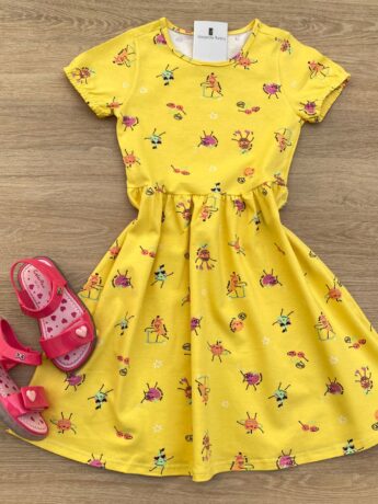 Vestido Infantil Feminino Manga Curta Estampa de Frutinhas Amarelo Fernanda Ramos Kids