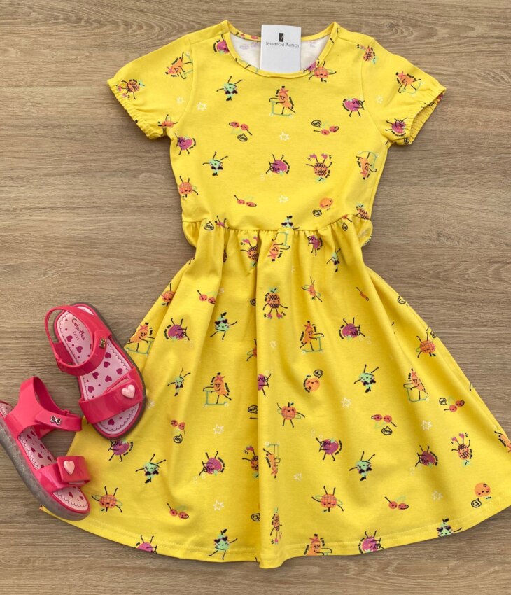 Vestido Infantil Feminino Manga Curta Estampa de Frutinhas Amarelo Fernanda Ramos Kids