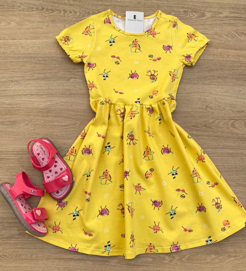 Vestido Infantil Feminino Manga Curta Estampa de Frutinhas Amarelo Fernanda Ramos Kids